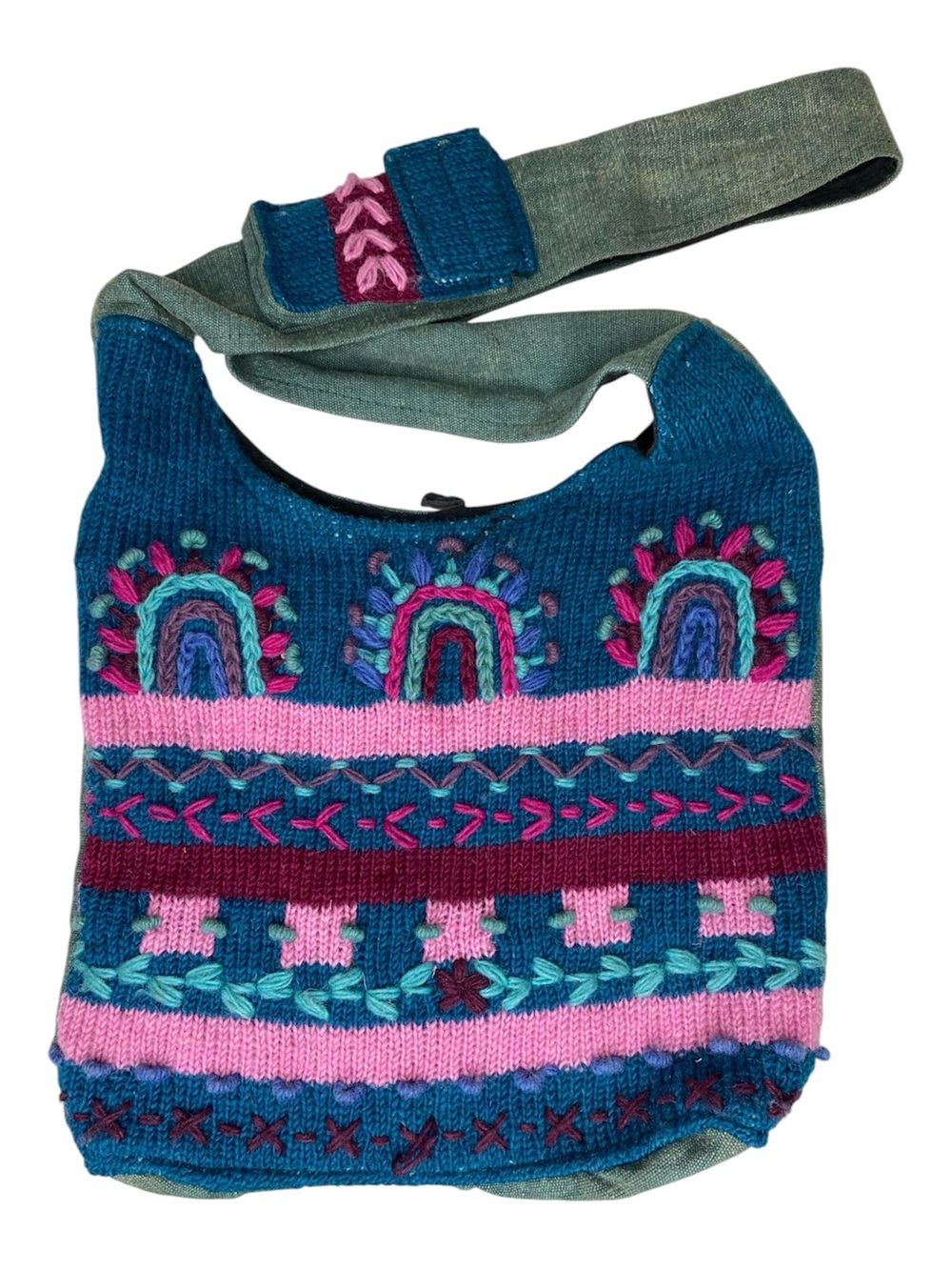 GreaterGood Handmade Boho Embroidered Knit Crossbody Bag Wool & Cotton